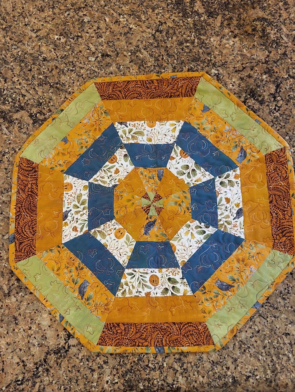 Handmade Fall Octagonal Patchwork Table Topper in Mustard, Blue & Green